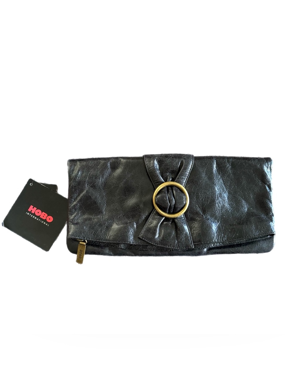 Hobo International Gwyneth Black Leather Fold Over Clutch Purse Bag NWT